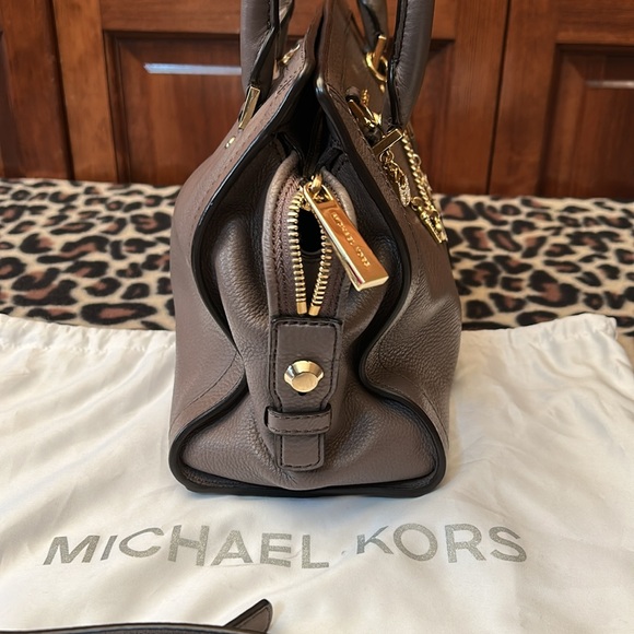 Retired-Michael Kors Grey/brown Leather Satchel with Gild Accents